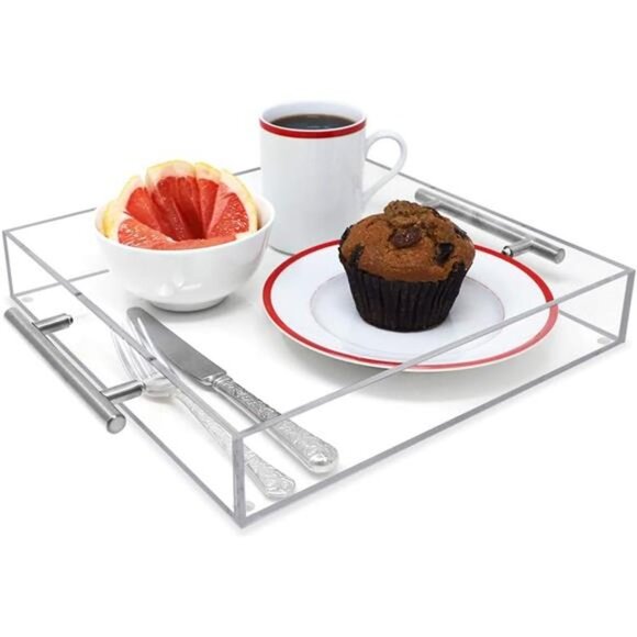 Clear Acrylic Serving Tray (12x12) with Silver Metal Handles, Spill-Proof - Picture 2 of 8